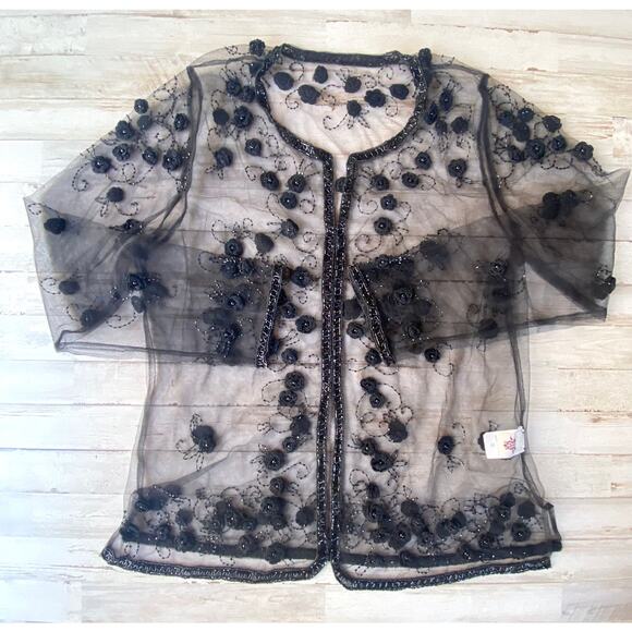 Black Net Embroidered Beaded Floral Blouse Shirt Top Jacket SZ L C100845 - Picture 1 of 10